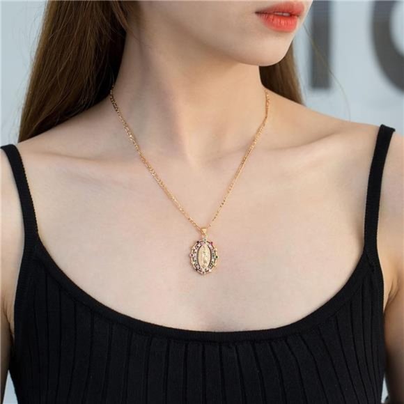 14K Gold Plated Virgin Mary Prayer Necklace Our Lady of Amulet Pendant 17 Inch - Picture 3 of 6